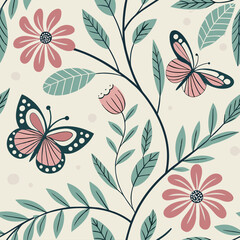 Fototapeta premium Spring Floral Pattern with Butterflies and Leaves – Seamless Nature-Themed Design
