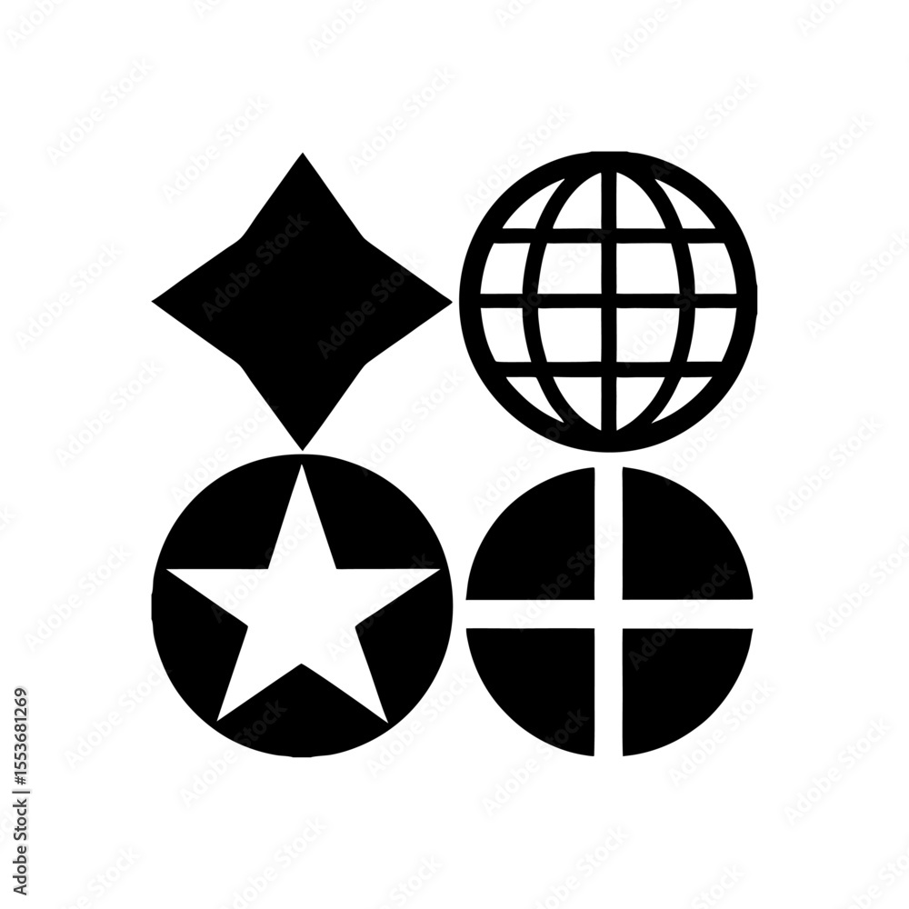 Poster four distinct geometric icons arranged in a square pattern featuring a diamond, globe, star, and seg