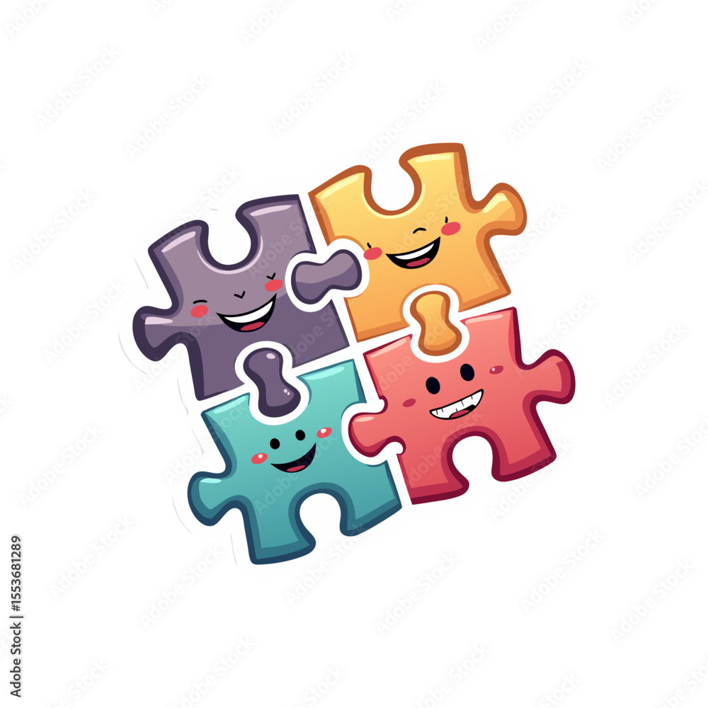 Aufkleber four colorful cartoon puzzle pieces with happy faces joined together in unity and connection represe