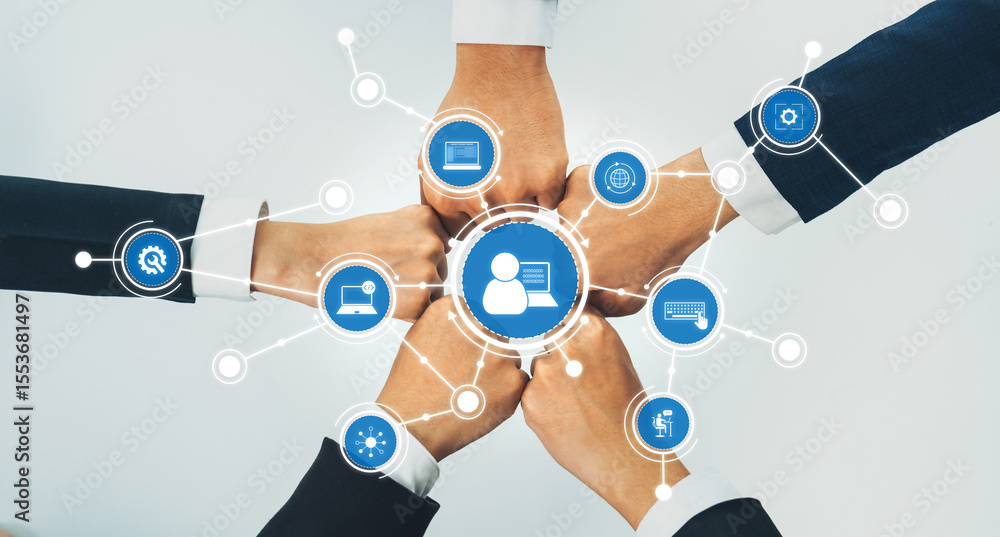 Poster a dynamic visual representation of teamwork and collaboration, showcasing hands joining together to 