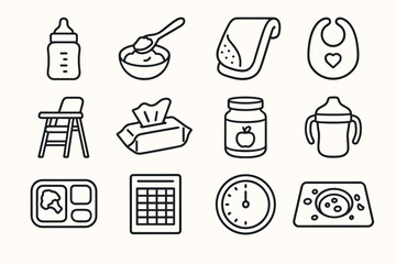 Baby feeding essentials icon set: bottle, bib, high chair, wipes, timer