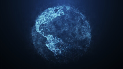 A digital rendering of a globe in blue tones symbolizing intensity, energy and global connections. Lines and dots connecting continents highlight the network of interactions. Vector