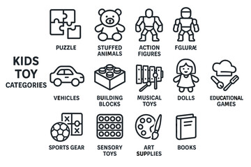 Kids toy categories: puzzle, stuffed animals, action figures, and more