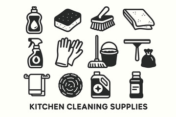 Fototapeta premium Kitchen cleaning supplies icons: soap, sponge, brush, towel, gloves, mop, bucket, detergent