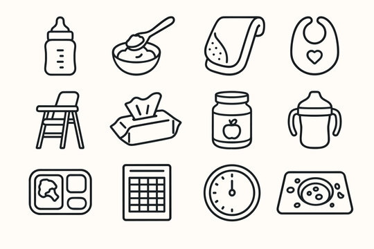 Baby feeding essentials icon set: bottle, bib, high chair, wipes, timer