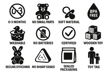 Toy safety icons: certified washable bpa-free no small parts for infants