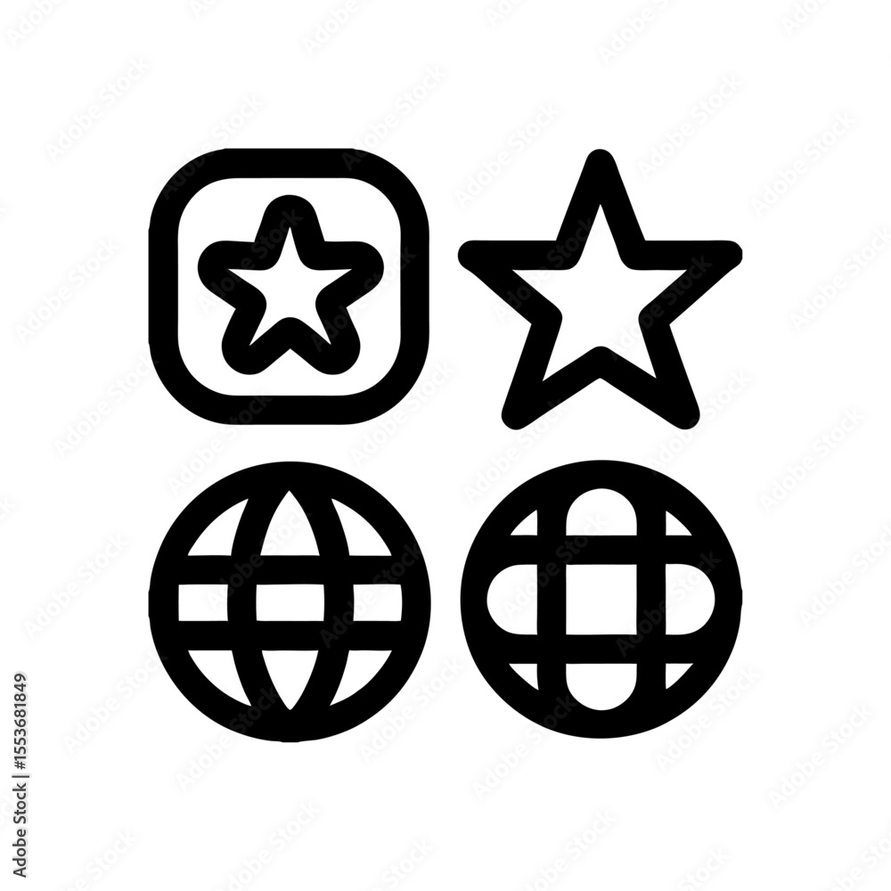 Poster vector icons set featuring stars and globes with bold outlines for graphic design and web elements, 