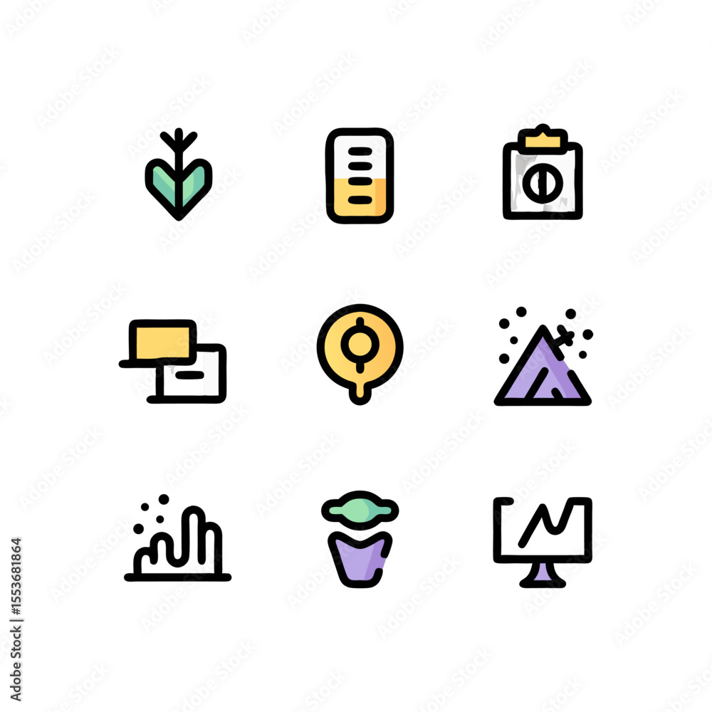 Poster vector graphics of various game elements in a flat design style offer a modern and colorful aestheti