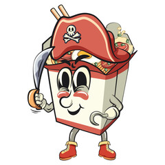 cute chinese noodles box mascot cartoon vector wearing a pirate hat, kawaii ramen takeout character with chopsticks, isolated food illustration asian cuisine design, work of hand drawn