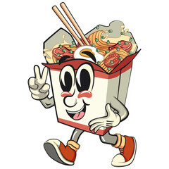 cute chinese noodles box mascot cartoon vector walking with peace sign, kawaii ramen takeout character with chopsticks, isolated food illustration asian cuisine design, work of hand drawn