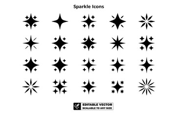 A collection of twenty five different black star icons arranged on a light background in a grid pattern