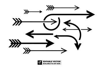 A collection of black arrows and circles pointing in different directions on a white background plane