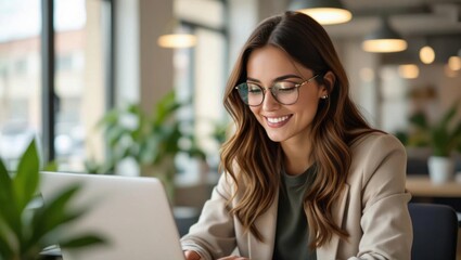 Smiling young woman wearing glasses and a blazer working on a laptop in a bright modern office environment