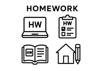 Obraz premium Homework essentials: laptop, clipboard, book, house, pencil icons
