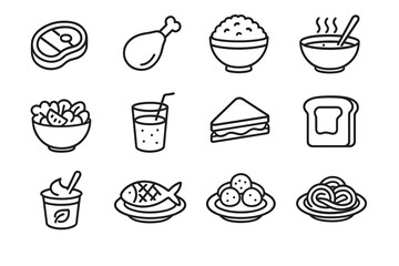 Collection of various food icons including meat, soup, bowl, salad, drink, sandwich, bread, yogurt, fish, meatballs, and pretzels