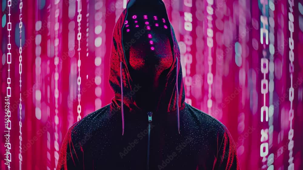Poster man in hoodie stands against vibrant backdrop of binary code illuminated by neon lights, man in hood