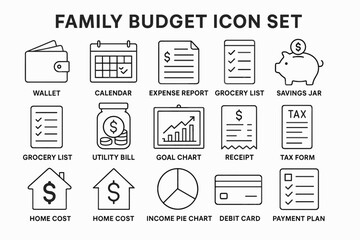 Fototapeta premium Family budget icon set: wallet, calendar, expense report, savings jar, debit card