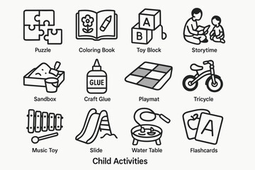 Fototapeta premium Children's activity icons: puzzle, coloring, playmat, storytime, tricycle