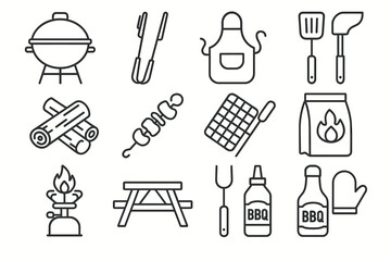 Obraz premium Bbq tools and accessories icons including grill, tongs, utensils, and sauces