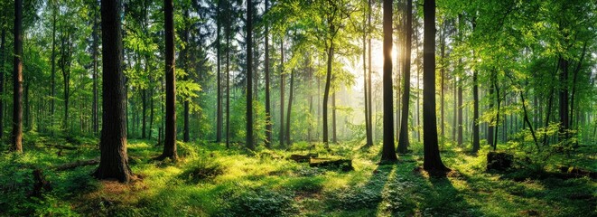 Sunlight filtering through a dense forest