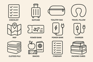 Essential travel icons: checklist, suitcase, toiletry bag, travel pillow, map, power bank