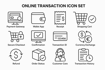Online transaction icon set: payment, wallet, receipt, shopping cart, currency exchange