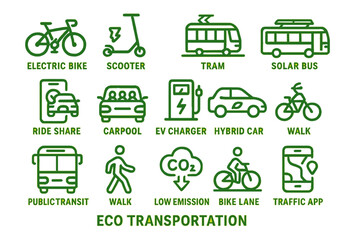 Eco transportation icons featuring bicycles, scooters, buses, and electric vehicles