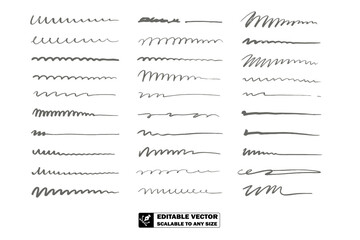 Collection of black ink squiggles and lines arranged in a grid pattern on a white background surface