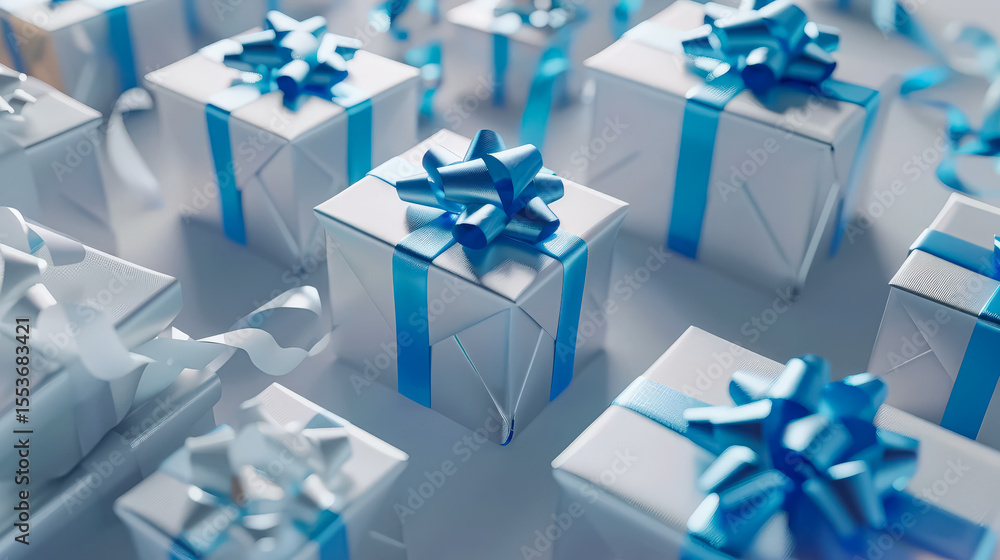 Poster row of white boxes with blue bows on top. the boxes are all different sizes and are arranged in a ne