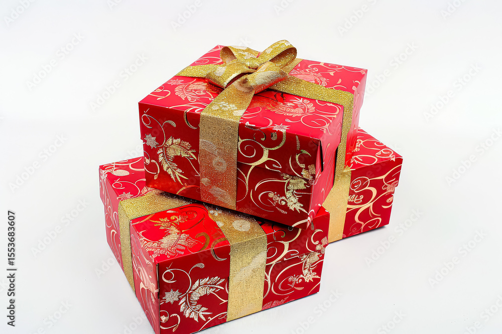 Poster two red boxes with gold ribbons on top of each other. the boxes are decorated with gold and red patt
