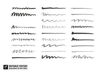 Collection of black ink squiggles and lines arranged in a grid pattern on a white background surface