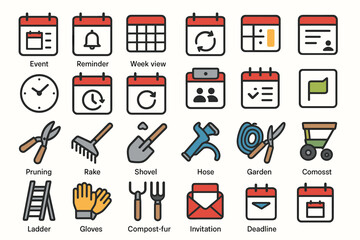 Calendar interface and gardening tools icons for organization and planning