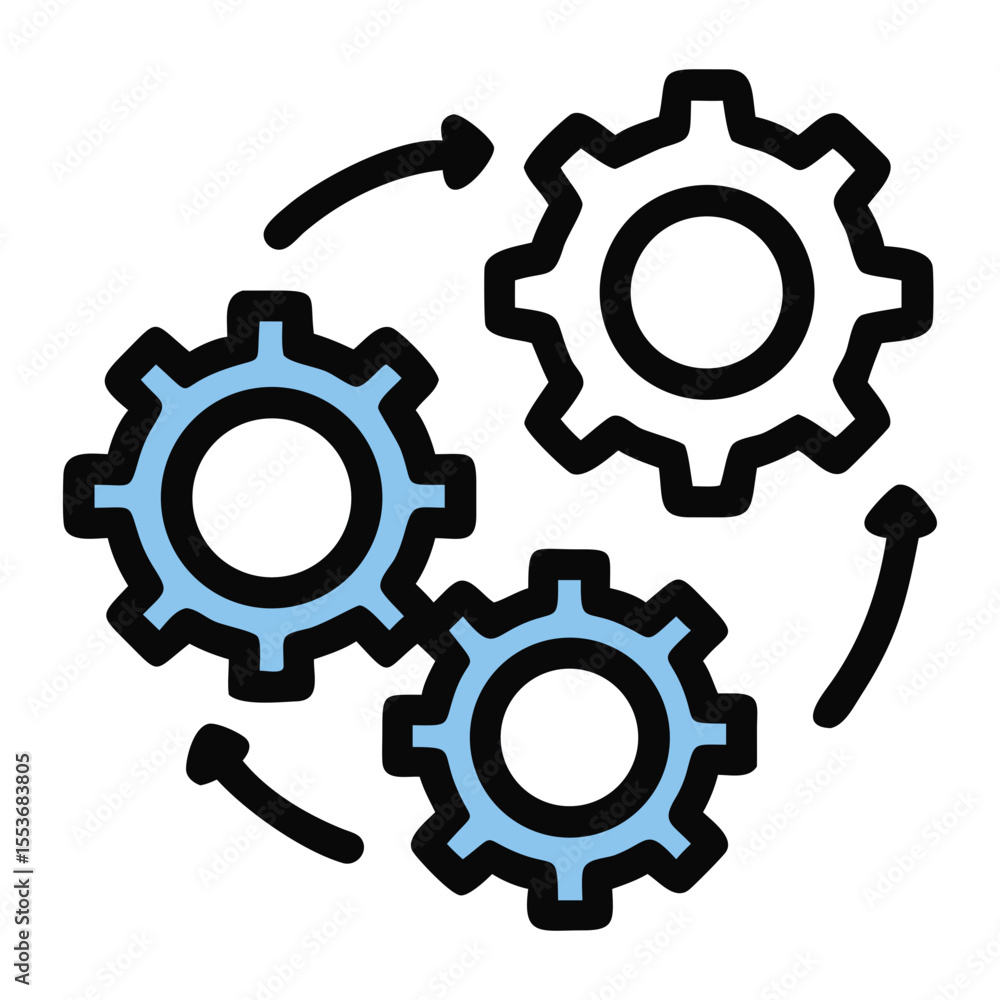 Poster illustration of three gears with arrows rotating around them indicating a process flow on transparen
