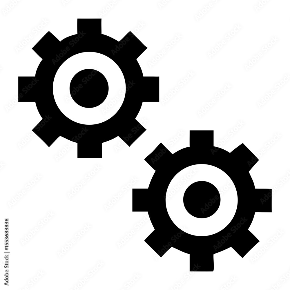 Poster two interlocking black gear icons on a white background representing mechanical processes and system