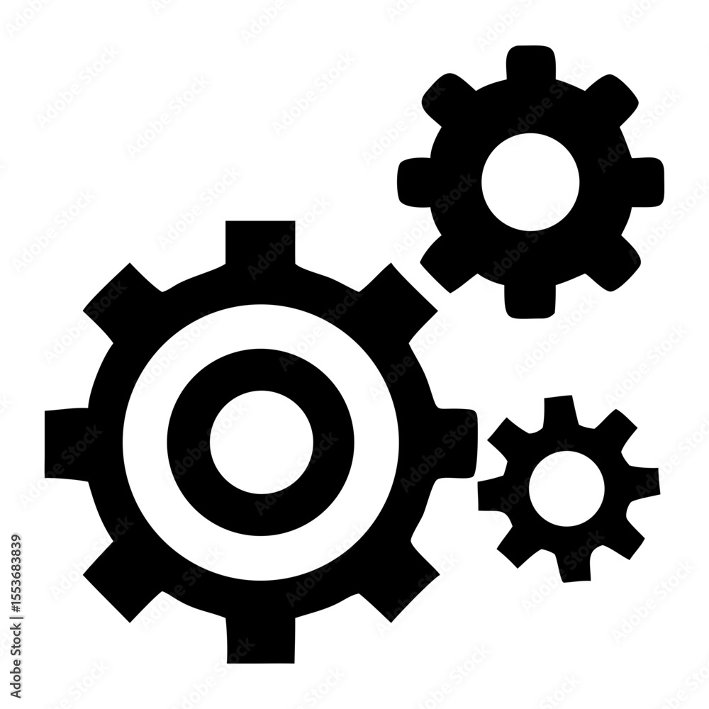 Poster illustration of three interlocking gears in black and white showing mechanical process design on tra