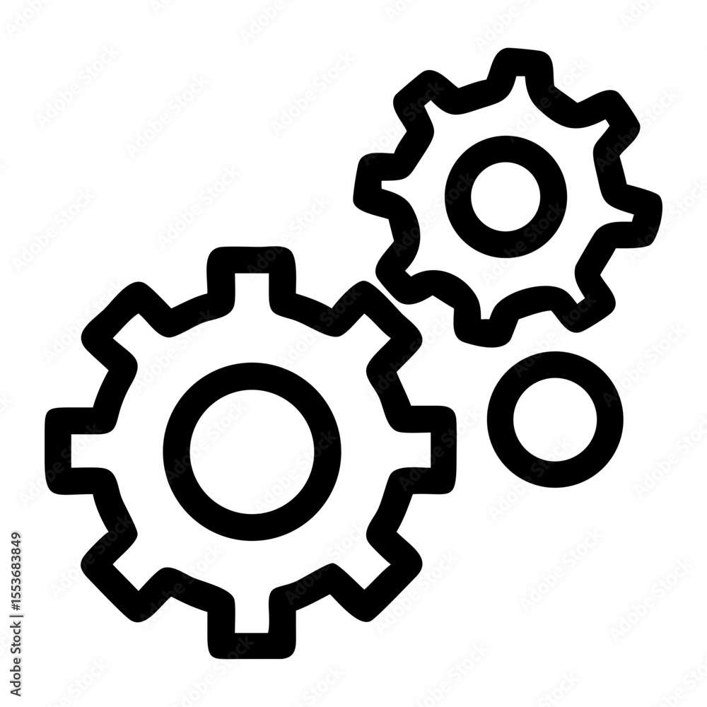Poster illustration of two interlocking gears with a small circle to the right side view icon on transparen