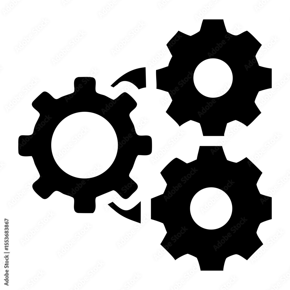 Poster three interconnected gears in black and white showing a mechanical process or engineering system on 