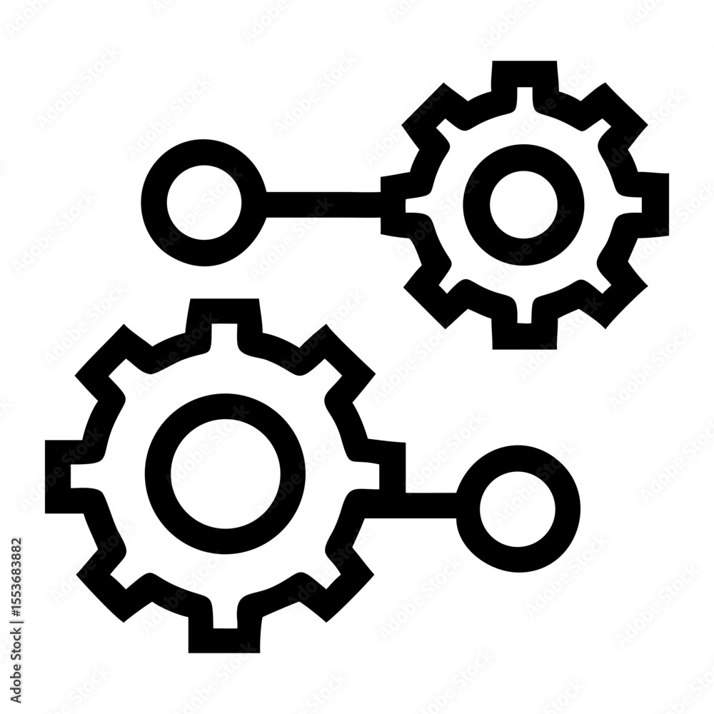 Poster two gears connected by linked circles in a black and white mechanical illustration style on transpar