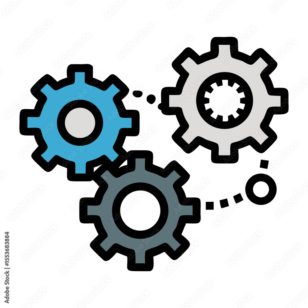 Poster three interconnected gears in blue, gray, and white with dotted lines showing connection points on t