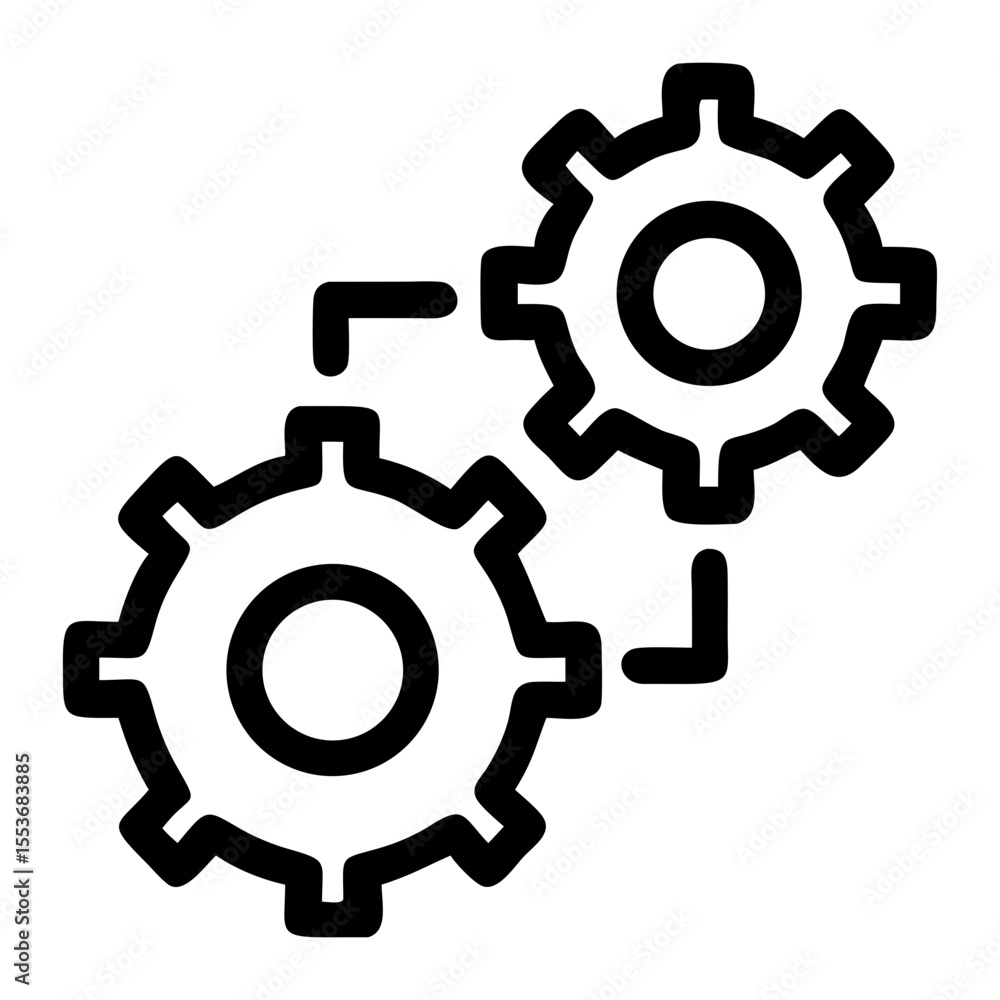 Poster two interconnected black outline gears on a white background symbolizing mechanics and engineering o