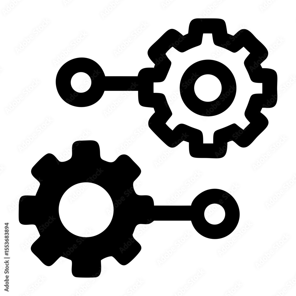 Poster two gears connected by links in a black and white illustration depicting a mechanism or process flow