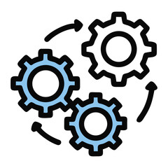 Illustration of three gears with arrows rotating around them indicating a process flow on transparent background