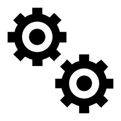 Two interlocking black gear icons on a white background representing mechanical processes and systems on transparent background