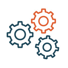 Three gears are displayed with two in blue and one in orange on a white background design on transparent background