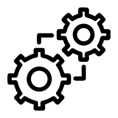 Two interconnected black outline gears on a white background symbolizing mechanics and engineering on transparent background