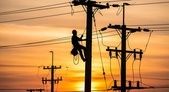 Energy and Hard Work: Dusk Electricity Pole Installation