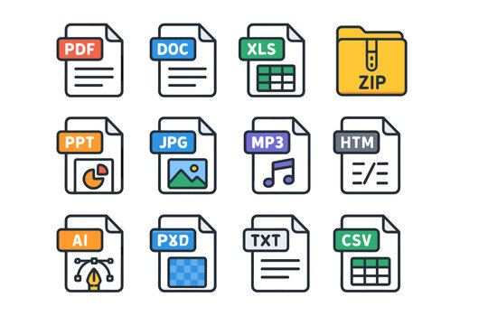 Colorful file icon set representing different formats like pdf, doc, xls, and more