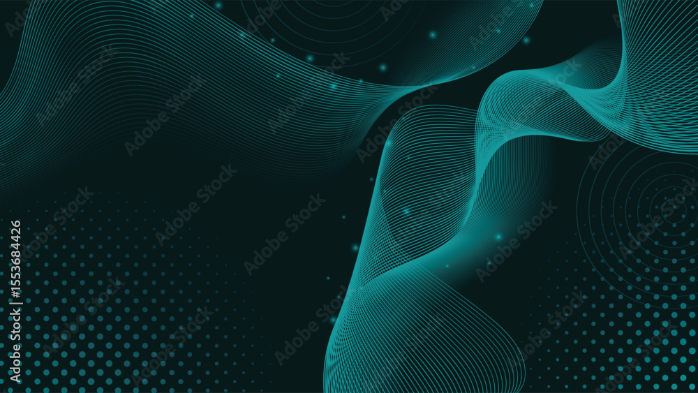 Poster dynamic abstract background with flowing teal lines, glowing dots, circular halftones and dark backd