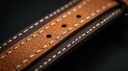 A detailed macro shot showcasing the rich textures and contrasting stitching of a leather strap