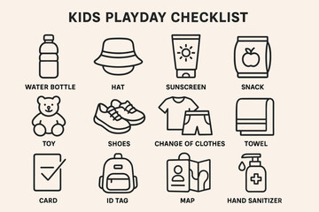 Kids playday essentials checklist with water bottle, hat, sunscreen, snack, and more